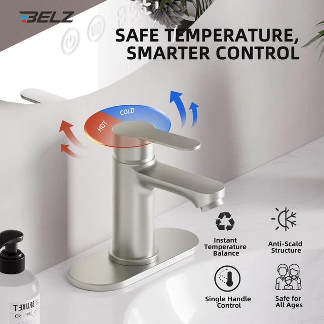 Alt view image 3 of 7 - Nickel Bathroom Faucet, Lead-Free for 1 or 3 Hole 4" Vanity Sink NSF372 Compliant,Anti-peeling PVD Finish,Includes Pop-up Drain & Hoses,Single Handle Modern Design, Easy DIY Install