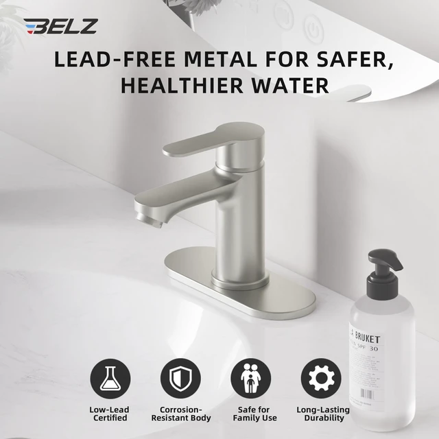 Alt view image 7 of 7 - Nickel Bathroom Faucet, Lead-Free for 1 or 3 Hole 4" Vanity Sink NSF372 Compliant,Anti-peeling PVD Finish,Includes Pop-up Drain & Hoses,Single Handle Modern Design, Easy DIY Install