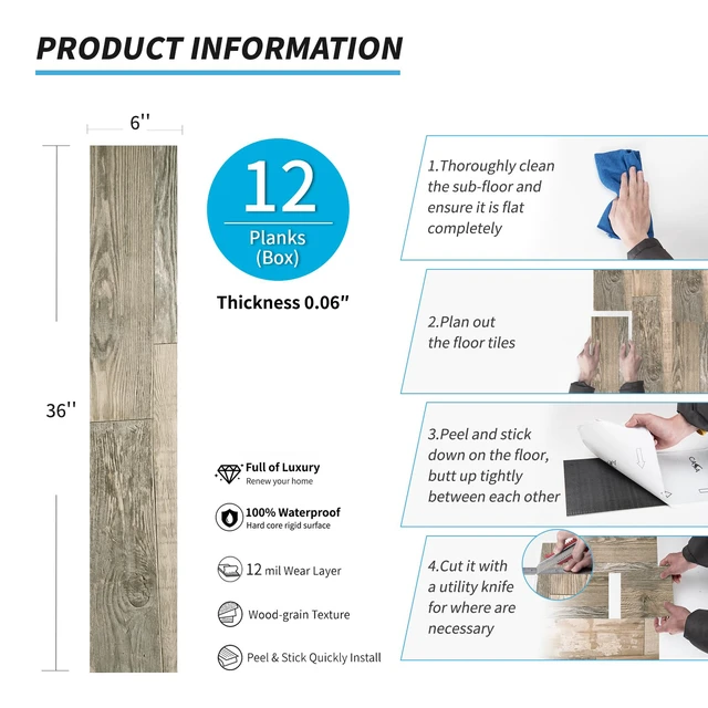 Alt view image 5 of 7 - 12-Pack Wood Texture Peel and Stick Vinyl Flooring Tiles, Aged Wood 18 & 54 sq.ft Options, Rigid Surface Hard Core, Waterproof, Self-Adhesive, Impact Resistant, Fit Indoor Household Spaces