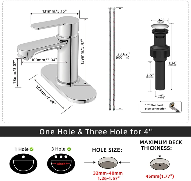 Alt view image 2 of 7 - Chrome Bathroom Faucet, Lead-Free for 1 or 3 Hole 4" Vanity Sink NSF372 Compliant,Anti-peeling PVD Finish,Includes Pop-up Drain & Hoses,Single Handle Modern Design, Easy DIY Install