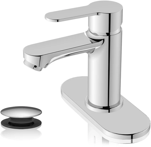 Main image of Chrome Bathroom Faucet, Lead-Free for 1 or 3 Hole 4" Vanity Sink NSF372 Compliant,Anti-peeling PVD Finish,Includes Pop-up Drain & Hoses,Single Handle Modern Design, Easy DIY Install