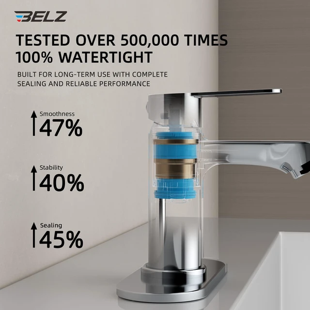 Alt view image 4 of 7 - Chrome Bathroom Faucet, Lead-Free for 1 or 3 Hole 4" Vanity Sink NSF372 Compliant,Anti-peeling PVD Finish,Includes Pop-up Drain & Hoses,Single Handle Modern Design, Easy DIY Install