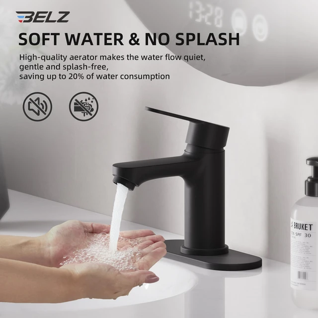Alt view image 6 of 7 - Black Bathroom Faucet, Lead-Free for 1 or 3 Hole 4" Vanity Sink NSF372 Compliant,Anti-peeling PVD Finish,Includes Pop-up Drain & Hoses,Single Handle Modern Design, Easy DIY Install