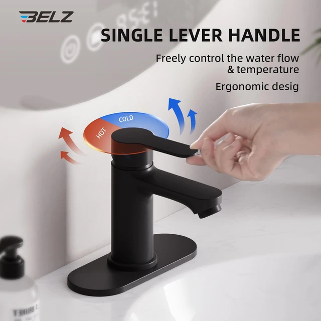 Alt view image 7 of 7 - Black Bathroom Faucet, Lead-Free for 1 or 3 Hole 4" Vanity Sink NSF372 Compliant,Anti-peeling PVD Finish,Includes Pop-up Drain & Hoses,Single Handle Modern Design, Easy DIY Install