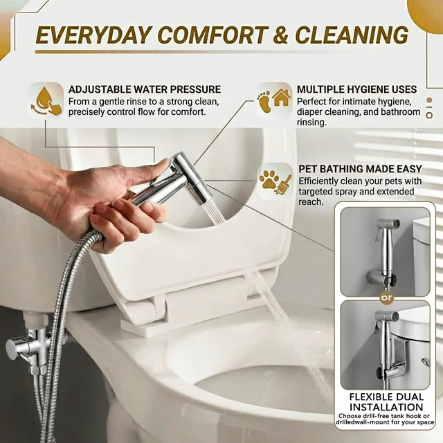 Alt view image 2 of 7 - Chrome Handheld Bidet Sprayer for Toilet,Stainless Steel Baby Cloth Diaper Jet Spray Kit,Bathroom Toilet Bidet Attachment Set with Adjustable Water Pressure for Bathing Pets and Feminine Wash