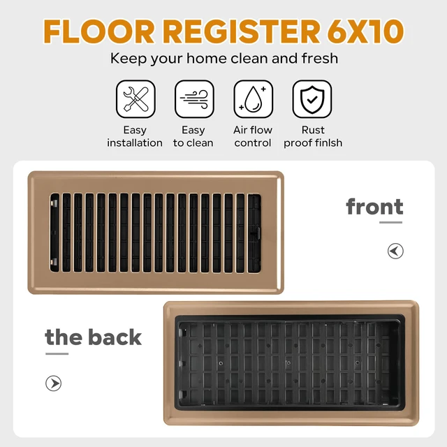Alt view image 5 of 7 - 6x10 Floor Register, 4 Pack Brown Floor Vent Covers, Heavy Duty Steel Walkable Floor Vents, Easy Adjust Air Supply Lever, Vent Covers for Home Floor, Air Vent Covers