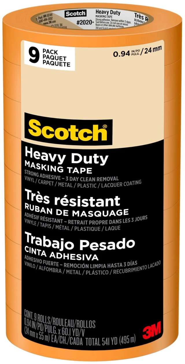 Main image of Heavy Duty Painter's Tape, 9 Rolls, 0.94 in x 60.1 yd, for Use On Vinyl, Carpet, Metal, & Plastic, Indoor & Outdoor Masking Tape, Bonds Aggressively, 3-Day Clean Removal (2020+-24AP9)
