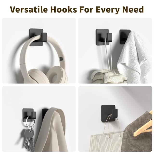 Alt view image 4 of 7 - Square Self Adhesive Towel Hooks - 4 Pack Matte Black Metal Hooks, Right-Angle Design for Towels, Robes & Hats, Organize Bathroom, Kitchen, Entryway, Doors, Cabinets on Smooth Surfaces