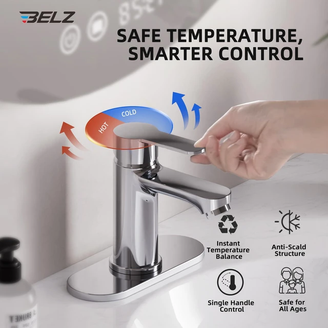 Alt view image 3 of 7 - Chrome Bathroom Faucet, Lead-Free for 1 or 3 Hole 4" Vanity Sink NSF372 Compliant,Anti-peeling PVD Finish,Includes Pop-up Drain & Hoses,Single Handle Modern Design, Easy DIY Install