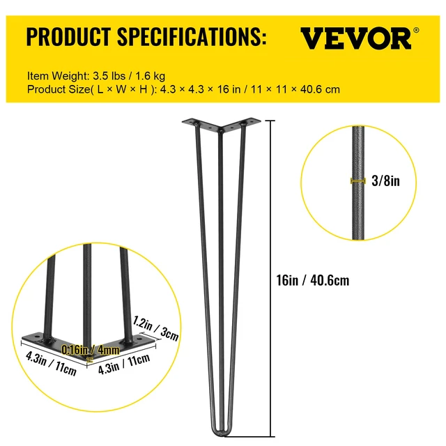 Alt view image 7 of 7 - Hairpin Table Legs 16" Black Set of 4 Desk Legs 880lbs Load Capacity (Each 220lbs) Hairpin Desk Legs 3 Rods for Bench Desk Dining End Table Chairs Carbon Steel DIY Heavy Duty Furniture Legs