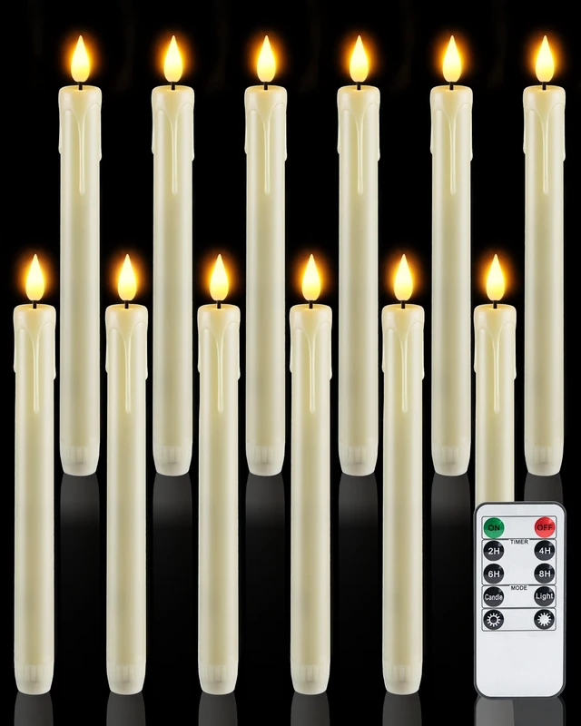 Main image of 12 Pcs Plastic Flameless Taper Candles with Remote Timer Dimmer, Ivory Led Candlesticks with Flickering Flame Light, Lifelike Taper Candles Battery Operated for Indoor Decoration 9.6 Inches