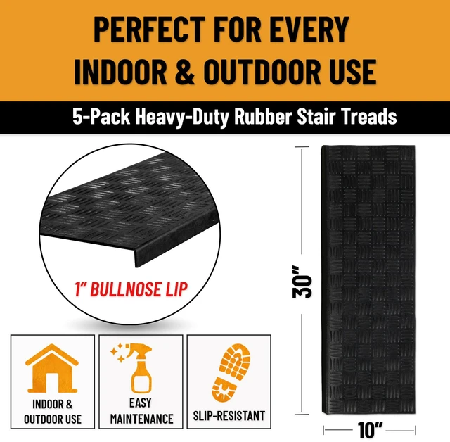 Alt view image 3 of 7 - Bullnose Stair Treads Outdoor Ribbed Heavy-Duty Non-Slip Stair Mats Best Grip on Concrete, Brick & Textured Step Fastening Required for Wooden & RV Steps, Pack of 5