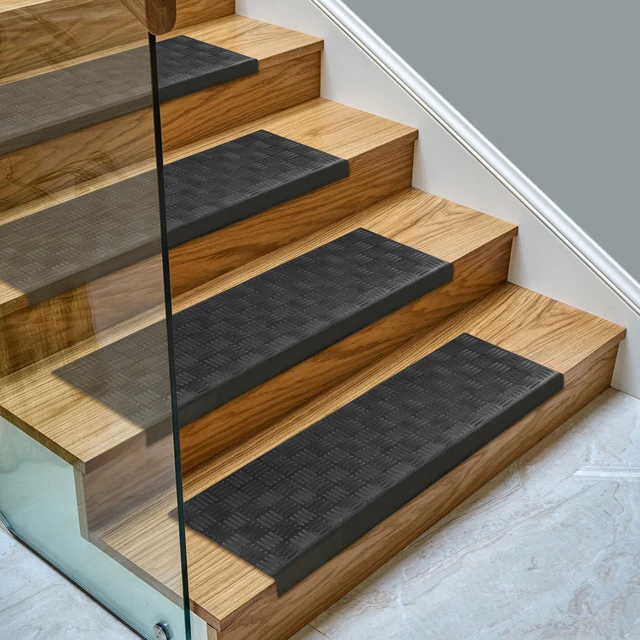 Main image of Bullnose Stair Treads Outdoor Ribbed Heavy-Duty Non-Slip Stair Mats Best Grip on Concrete, Brick & Textured Step Fastening Required for Wooden & RV Steps, Pack of 5