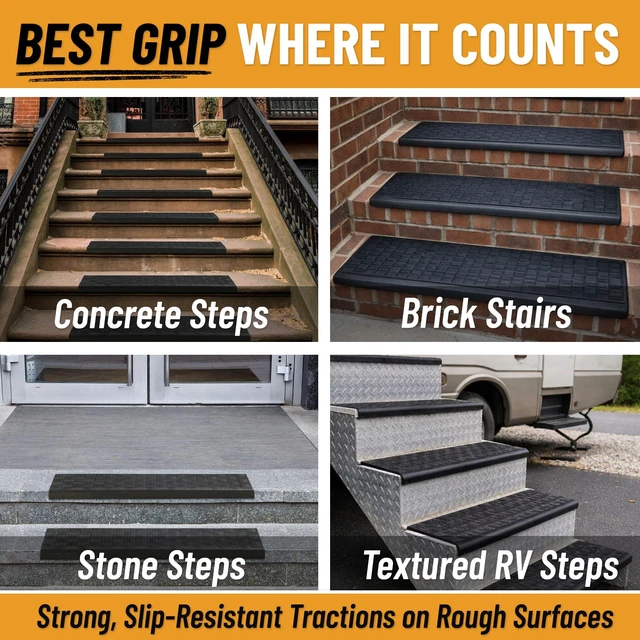 Alt view image 5 of 7 - Bullnose Stair Treads Outdoor Ribbed Heavy-Duty Non-Slip Stair Mats Best Grip on Concrete, Brick & Textured Step Fastening Required for Wooden & RV Steps, Pack of 5