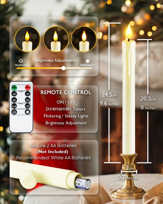 Alt view image 5 of 6 - 12 Pcs Plastic Flameless Taper Candles with Remote Timer Dimmer, Ivory Led Candlesticks with Flickering Flame Light, Lifelike Taper Candles Battery Operated for Indoor Decoration 9.6 Inches