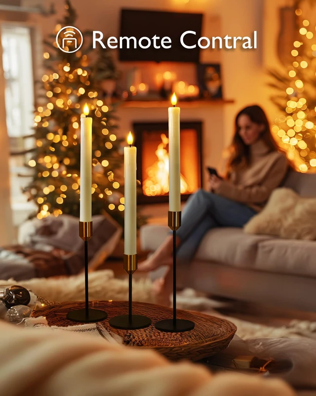 Alt view image 6 of 6 - 12 Pcs Plastic Flameless Taper Candles with Remote Timer Dimmer, Ivory Led Candlesticks with Flickering Flame Light, Lifelike Taper Candles Battery Operated for Indoor Decoration 9.6 Inches