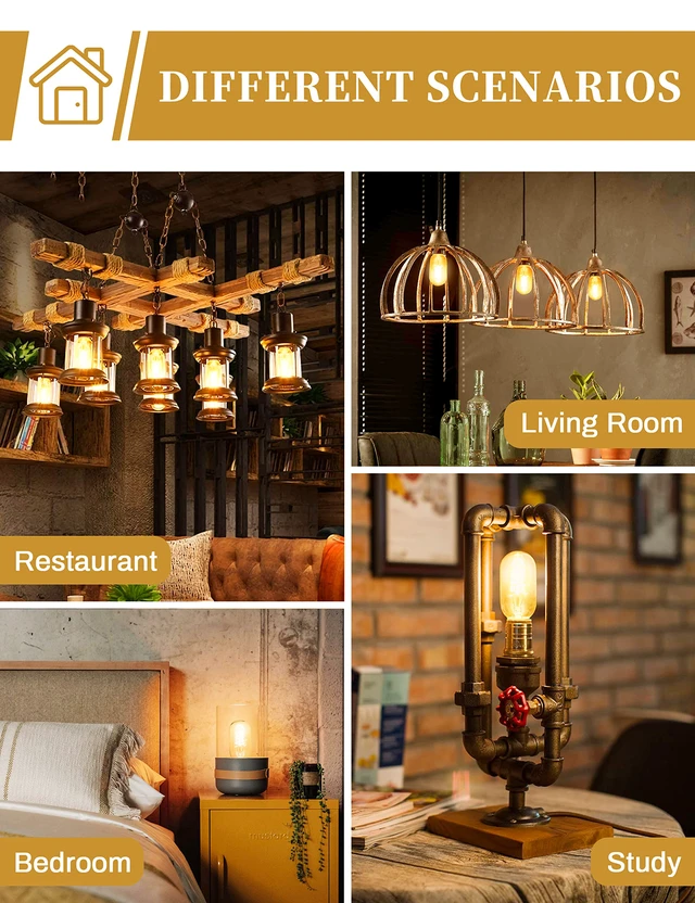 Alt view image 4 of 6 - Edison Bulbs, Light Bulbs, Incandescent, Warm White, 60 Watt Amber Glass, T45, 110-130 Volts, E26 Bulb, Spiral Filament Lightbulbs, Dimmable Decorative Light Bulbs, 4 packs
