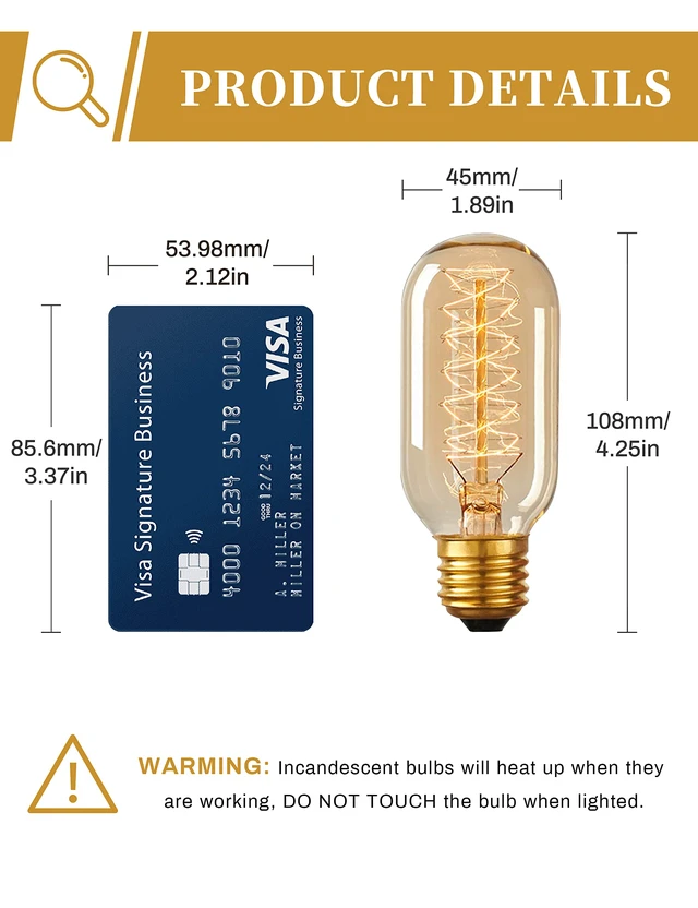 Alt view image 6 of 6 - Edison Bulbs, Light Bulbs, Incandescent, Warm White, 60 Watt Amber Glass, T45, 110-130 Volts, E26 Bulb, Spiral Filament Lightbulbs, Dimmable Decorative Light Bulbs, 4 packs