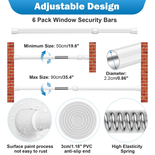 Alt view image 2 of 7 - 6 Pack Adjustable Window Security Bars - Heavy Duty Steel, Indoor Window Safety Locks for Sliding Windows, 19.6''-35.4'' Security Bar for Windows