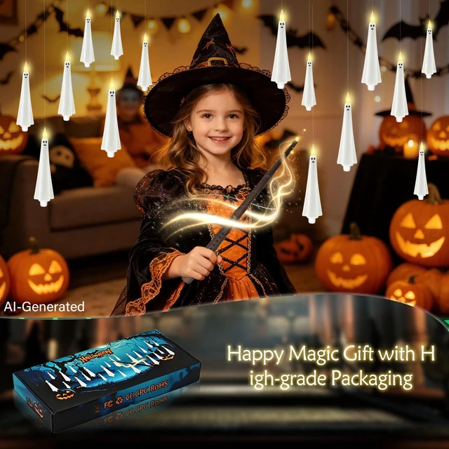 Alt view image 2 of 7 - Ghost Flameless Floating Candles with Wand Remote, 20 Pcs Magic Flickering Battery Operated LED Hanging Taper Candles for Halloween Party Decoration(White)