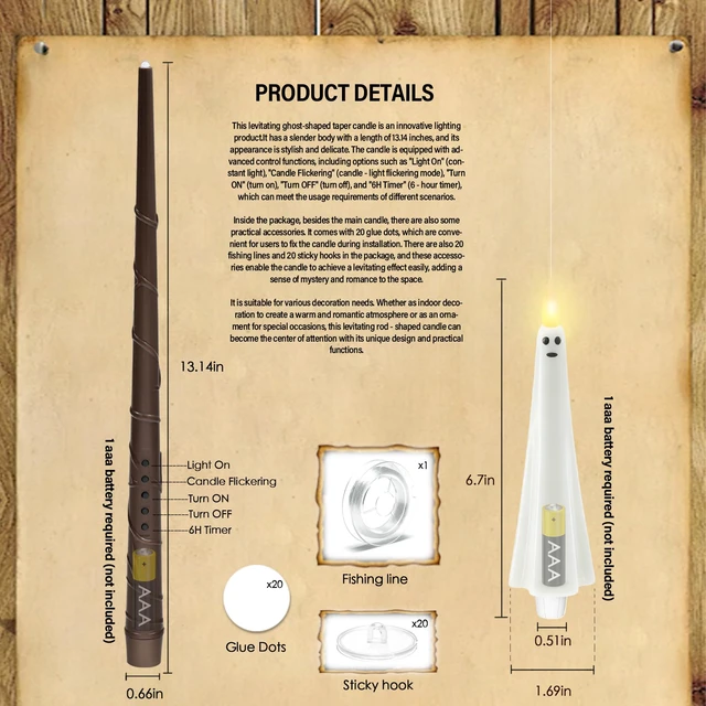 Alt view image 5 of 7 - Ghost Flameless Floating Candles with Wand Remote, 20 Pcs Magic Flickering Battery Operated LED Hanging Taper Candles for Halloween Party Decoration(White)