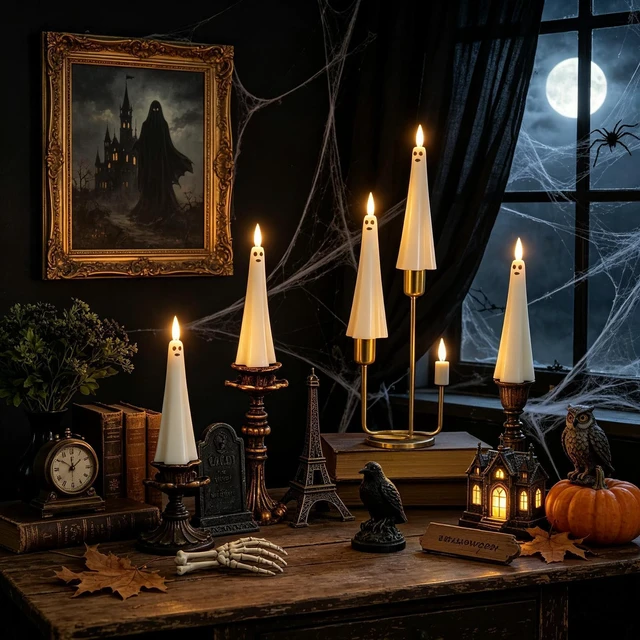 Alt view image 7 of 7 - Ghost Flameless Floating Candles with Wand Remote, 20 Pcs Magic Flickering Battery Operated LED Hanging Taper Candles for Halloween Party Decoration(White)