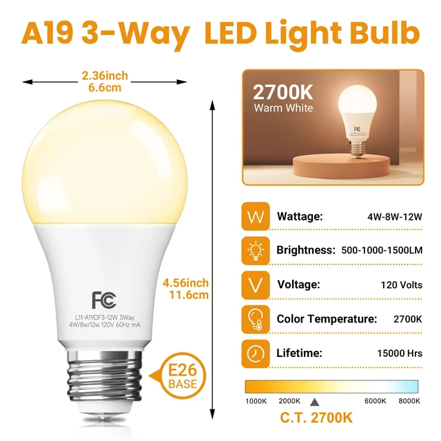 Alt view image 2 of 7 - 3 Way Light Bulbs 40 60 100W Equivalent Soft Warm White 2700K, 4 Pack Dimmable A19 Three Way Light Bulbs E26 Medium Base, 4/8/12W Energy Saving UL Listed for Floor Lamp, Desk Lamp and Table Lamp