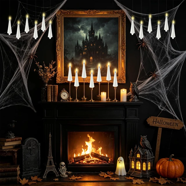 Alt view image 6 of 7 - Ghost Flameless Floating Candles with Wand Remote, 20 Pcs Magic Flickering Battery Operated LED Hanging Taper Candles for Halloween Party Decoration(White)
