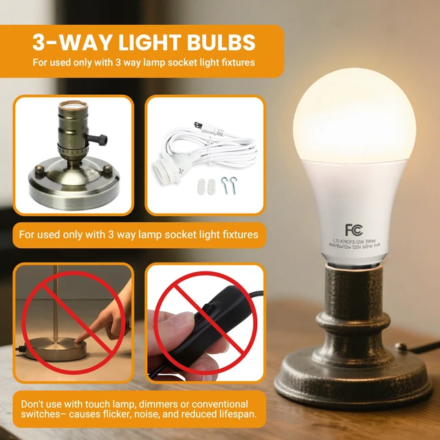 Alt view image 5 of 7 - 3 Way Light Bulbs 40 60 100W Equivalent Soft Warm White 2700K, 4 Pack Dimmable A19 Three Way Light Bulbs E26 Medium Base, 4/8/12W Energy Saving UL Listed for Floor Lamp, Desk Lamp and Table Lamp
