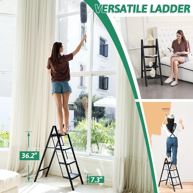 Alt view image 4 of 7 - 4-Step Folding Ladder, Heavy Duty Ladders for Home & Kitchen, Folding Ladder Easy to Store, Tall Ladder for Adults, Anti-Slip & Space-Saving Step Ladder, 330 Lbs Capacity