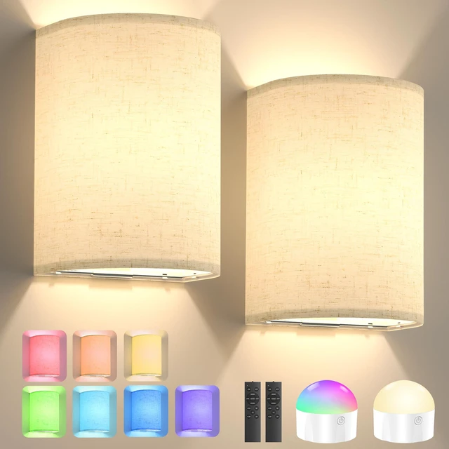 Main image of Battery Operated Rechargeable Wall Sconce Set of Two with 10000mAh Battery Wireless Wall Light with Magnetic Bulb - Dimmable 7 RGB Color Wall Lamp with Linen Shade Remote Timer for Bedroom Living Room
