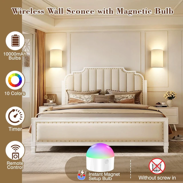 Alt view image 2 of 7 - Battery Operated Rechargeable Wall Sconce Set of Two with 10000mAh Battery Wireless Wall Light with Magnetic Bulb - Dimmable 7 RGB Color Wall Lamp with Linen Shade Remote Timer for Bedroom Living Room