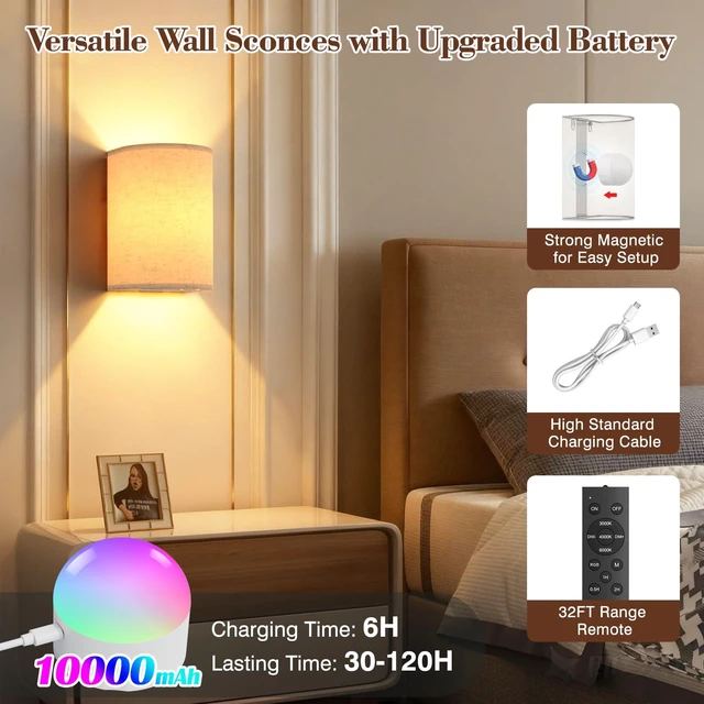 Alt view image 6 of 7 - Battery Operated Rechargeable Wall Sconce Set of Two with 10000mAh Battery Wireless Wall Light with Magnetic Bulb - Dimmable 7 RGB Color Wall Lamp with Linen Shade Remote Timer for Bedroom Living Room