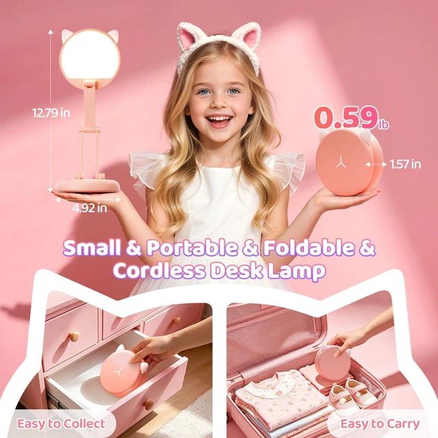 Alt view image 3 of 7 - Cute Desk Lamp Pink Dorm Lamps for College Girls Foldable Portable Rechargeable Dimmable Cute Cat Lamp Kawaii Room Decor,College Dorm Decor for Girls Pink Classroom Essentials