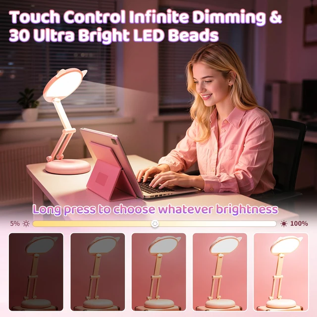 Alt view image 4 of 7 - Cute Desk Lamp Pink Dorm Lamps for College Girls Foldable Portable Rechargeable Dimmable Cute Cat Lamp Kawaii Room Decor,College Dorm Decor for Girls Pink Classroom Essentials