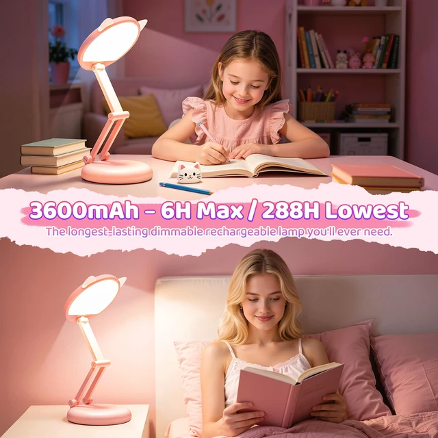 Alt view image 5 of 7 - Cute Desk Lamp Pink Dorm Lamps for College Girls Foldable Portable Rechargeable Dimmable Cute Cat Lamp Kawaii Room Decor,College Dorm Decor for Girls Pink Classroom Essentials