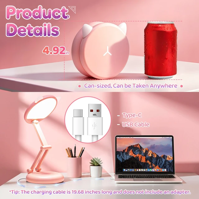 Alt view image 6 of 7 - Cute Desk Lamp Pink Dorm Lamps for College Girls Foldable Portable Rechargeable Dimmable Cute Cat Lamp Kawaii Room Decor,College Dorm Decor for Girls Pink Classroom Essentials