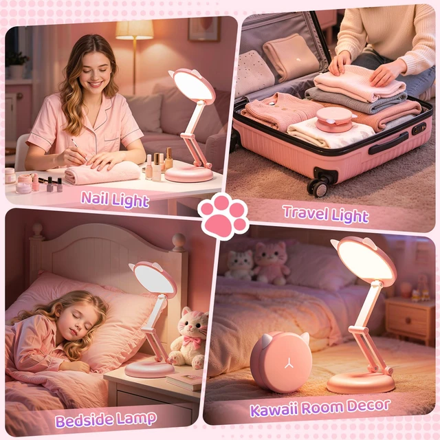 Alt view image 7 of 7 - Cute Desk Lamp Pink Dorm Lamps for College Girls Foldable Portable Rechargeable Dimmable Cute Cat Lamp Kawaii Room Decor,College Dorm Decor for Girls Pink Classroom Essentials
