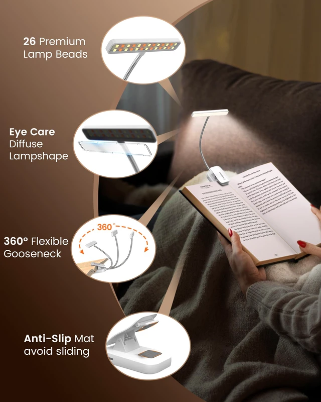 Alt view image 6 of 7 - 26 LED Reading Lights for Books in Bed, Ideal Gifts for Reader Rechargeable Book Light, Eye Caring 5 Amber Colors Stepless Dimming, Travel Lightweight Clip-on, Book Lovers Men Women Kids