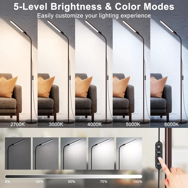 Alt view image 3 of 7 - Floor Lamp, 18W/2000LM Bright LED Floor Lamp with Double Head, Adjustable Gooseneck Dimmable Craft Light for Sewing Tatoo Makeup, Eye Caring Brown Reading Floor Lamps for Living Room Bedroom Office
