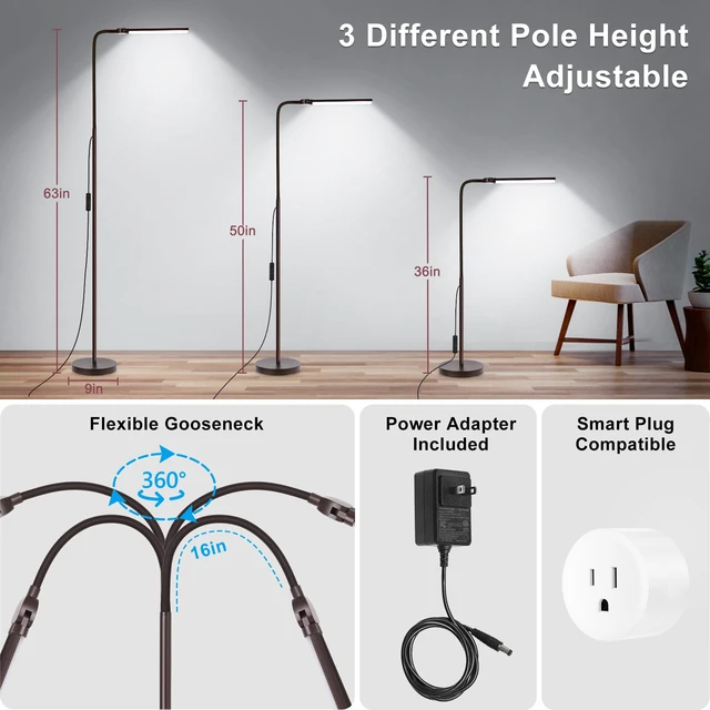 Alt view image 4 of 7 - Floor Lamp, 18W/2000LM Bright LED Floor Lamp with Double Head, Adjustable Gooseneck Dimmable Craft Light for Sewing Tatoo Makeup, Eye Caring Brown Reading Floor Lamps for Living Room Bedroom Office