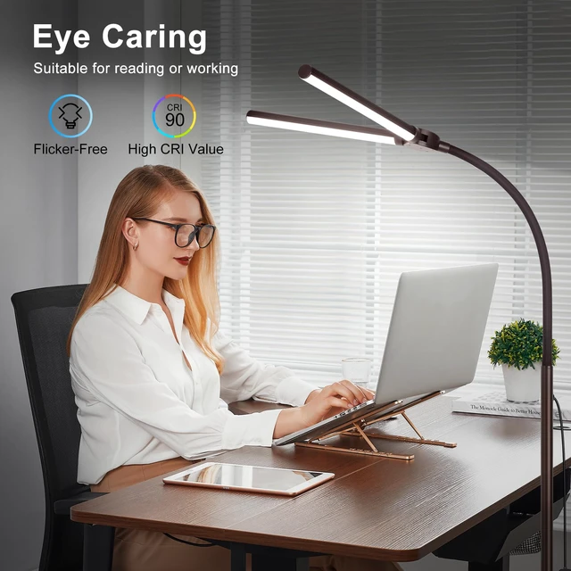 Alt view image 5 of 7 - Floor Lamp, 18W/2000LM Bright LED Floor Lamp with Double Head, Adjustable Gooseneck Dimmable Craft Light for Sewing Tatoo Makeup, Eye Caring Brown Reading Floor Lamps for Living Room Bedroom Office