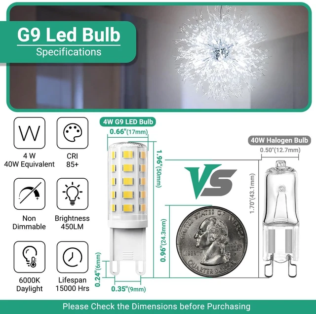 Alt view image 2 of 7 - G9 LED Bulb 4W, 6000K Daylight 10 Pack, 40 Watt Eq, G9 Base, 120V T4 G9 Halogen Replacement, G 9 Bi-pin Base Light Bulbs for Chandelier, 450 LM 360 Beam Angle for Home Lighting, Non-dimmable