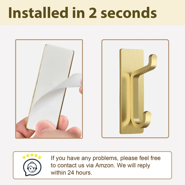 Alt view image 3 of 7 - Self Adhesive Wall Hooks for Hanging: Extra Strong 13 LB, Hook for Coat, Towel in Bathrooms, Shower, Kitchen, Wall, Door Hook, Gold 12 Pack