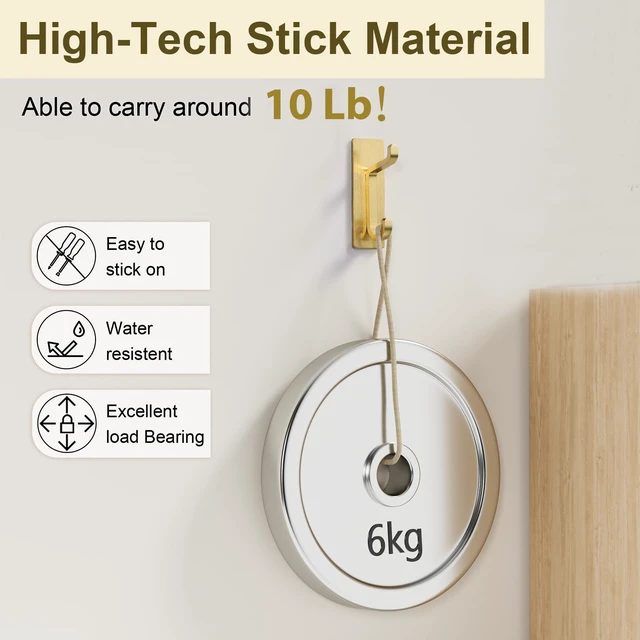 Alt view image 2 of 7 - Self Adhesive Wall Hooks for Hanging: Extra Strong 13 LB, Hook for Coat, Towel in Bathrooms, Shower, Kitchen, Wall, Door Hook, Gold 12 Pack