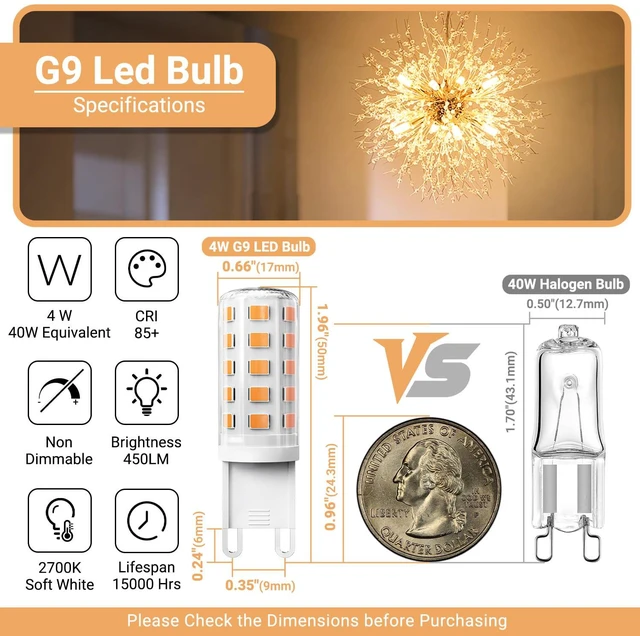 Alt view image 2 of 7 - G9 LED Bulb 4W, 2700K Warm Soft White 10 Pack, 40 Watt Eq,G9 Base,120V T4 G9 Halogen Replacement, G 9 Bi-pin Base Light Bulbs for Chandelier, 450 LM 360 Beam Angle for Home Lighting, Non-dimmable
