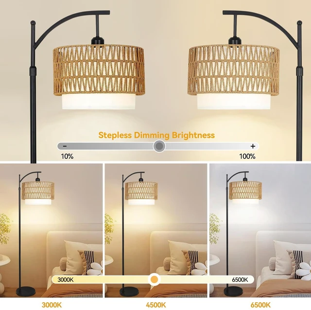 Alt view image 2 of 7 - Arc Floor Lamp for Living Room Boho Floor Lamps with Remote Control & with 3 Color Temperatures,Rattan Wicker Standing Lamp Dimmable Tall Floor Lamp for Bedroom Living Room Corner