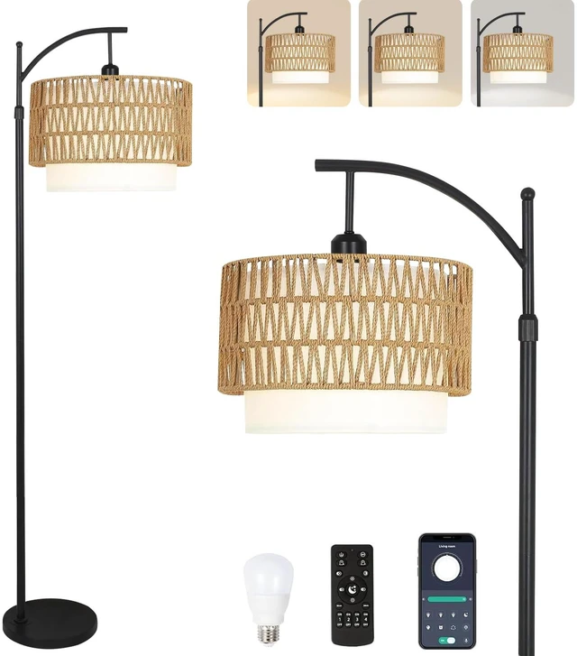 Main image of Arc Floor Lamp for Living Room Boho Floor Lamps with Remote Control & with 3 Color Temperatures,Rattan Wicker Standing Lamp Dimmable Tall Floor Lamp for Bedroom Living Room Corner