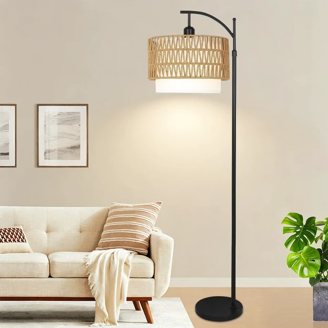 Alt view image 3 of 7 - Arc Floor Lamp for Living Room Boho Floor Lamps with Remote Control & with 3 Color Temperatures,Rattan Wicker Standing Lamp Dimmable Tall Floor Lamp for Bedroom Living Room Corner