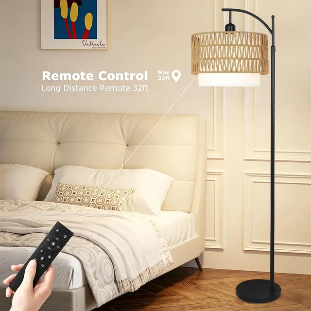 Alt view image 4 of 7 - Arc Floor Lamp for Living Room Boho Floor Lamps with Remote Control & with 3 Color Temperatures,Rattan Wicker Standing Lamp Dimmable Tall Floor Lamp for Bedroom Living Room Corner
